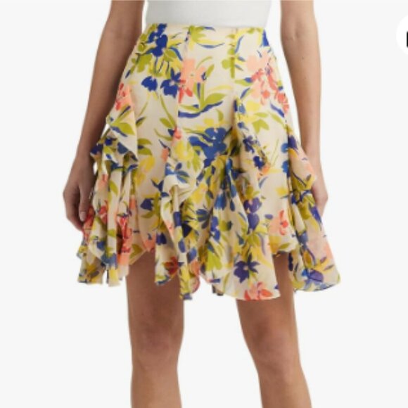 NEW Lauren Ralph Lauren Womens 16 Ruffled Floral Miniskirt Cream Multicolor - Picture 1 of 10